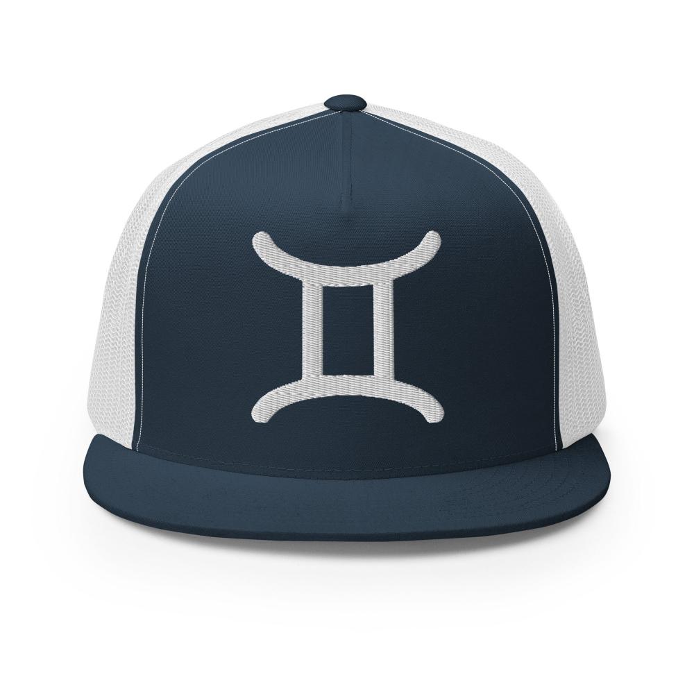 Gemini Zodiac Embroidered Flat Bill Trucker Hat - Navy/White Color - https://ascensionemporium.net